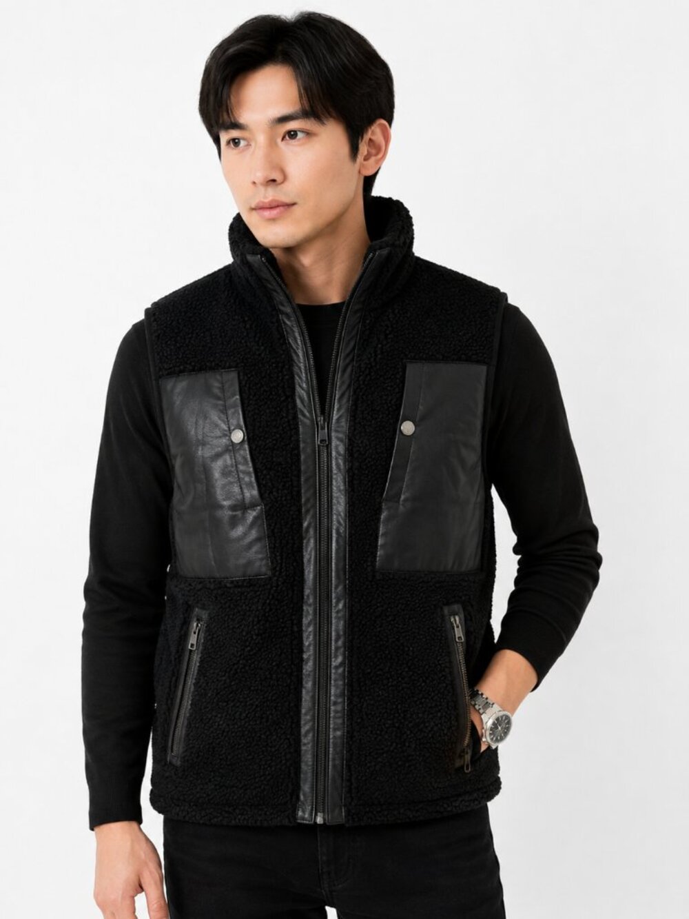 Michael Kors Men’s M Black Sherpa Faux Leather Full Zip Vest NWT